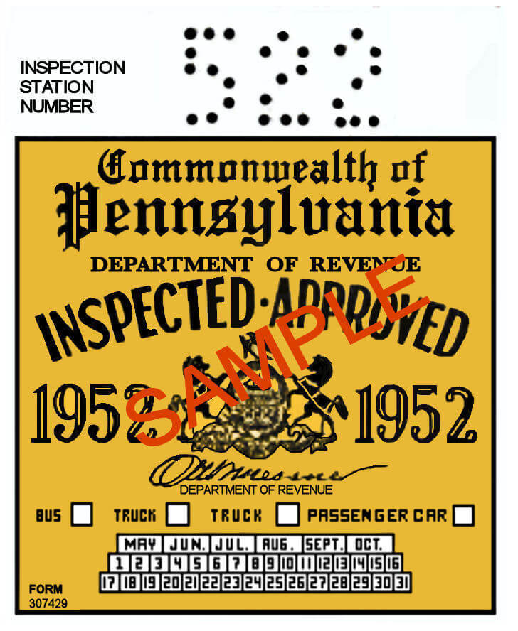 1952 Pennsylvania INSPECTION Sticker 25.00 Bob Hoyts Classic